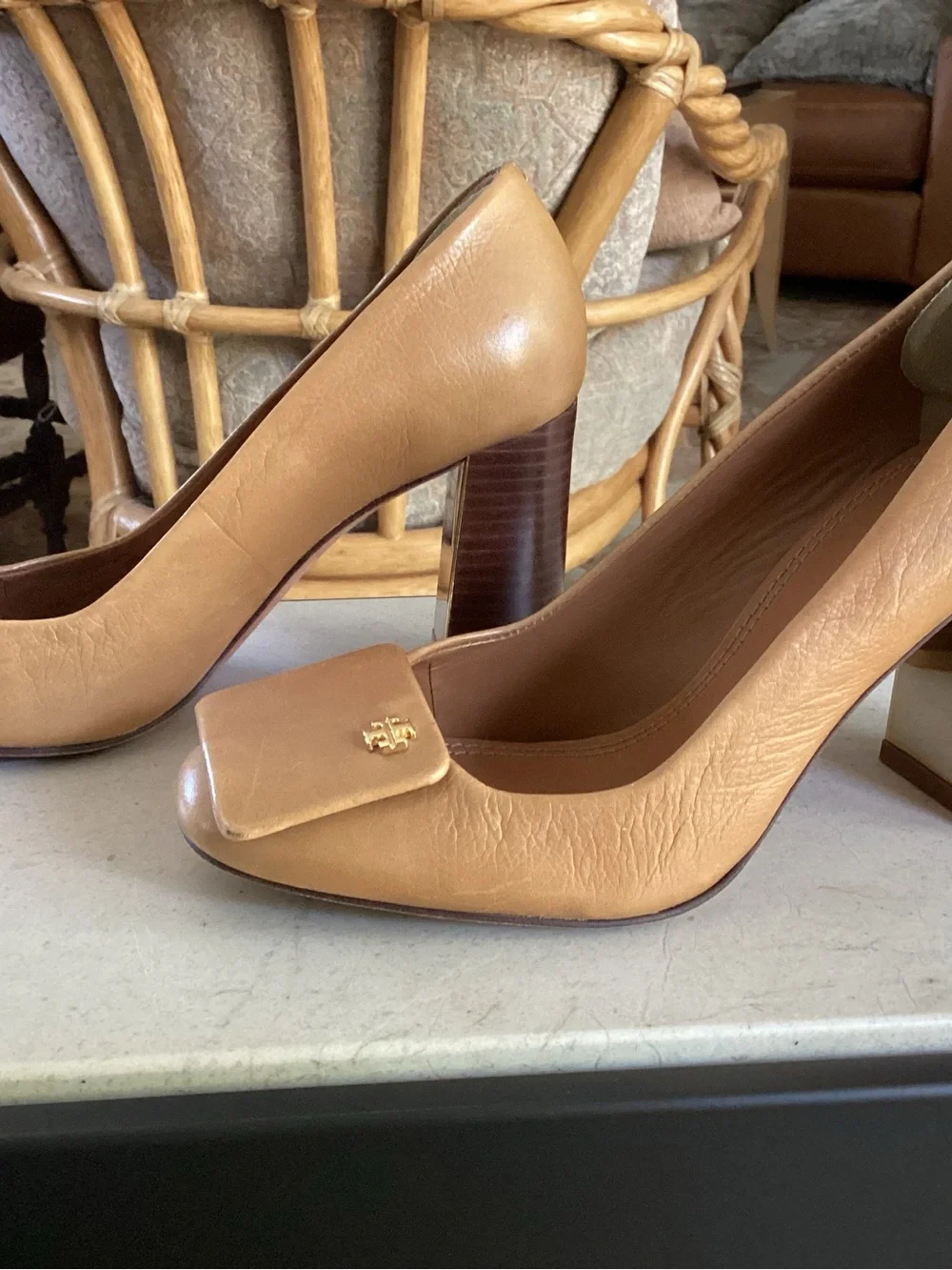 Tory Burch Tan Leather Block Heel Pumps with Gold Logo